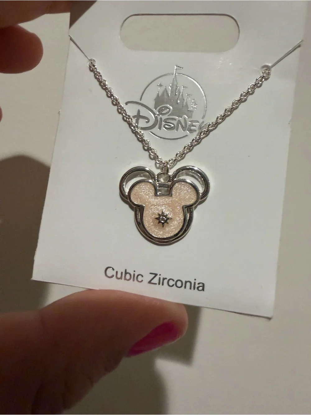 Disney Silver-Tone Mickey Pendant Necklace with Pink Center